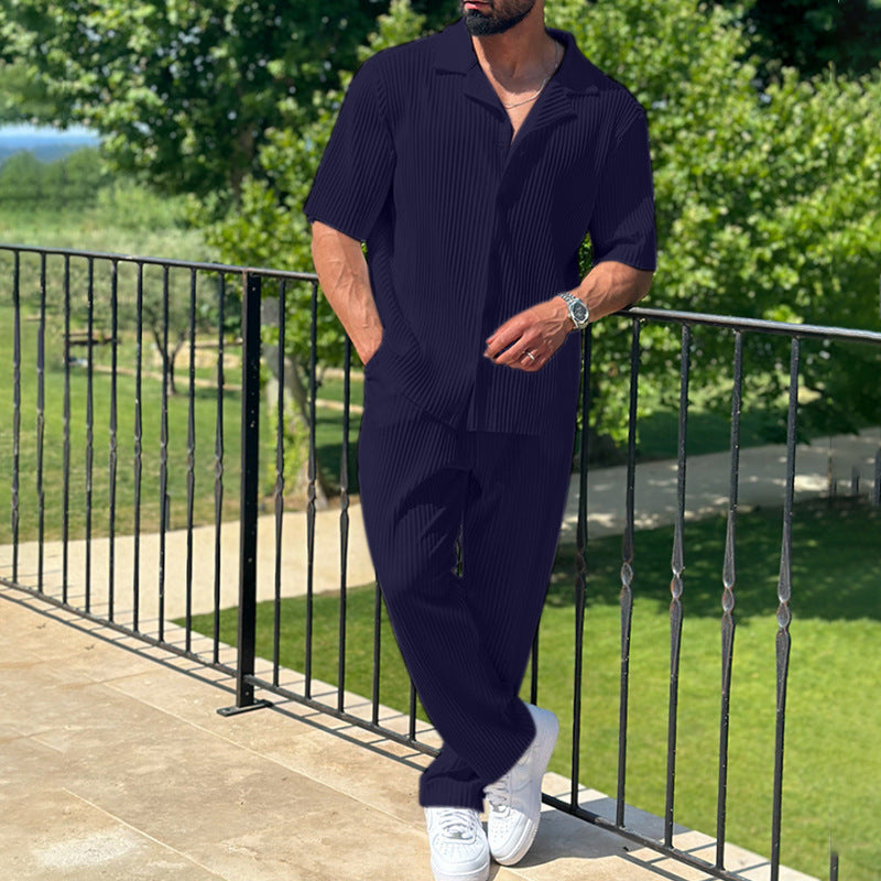 Men’s Athleisure Set – Relaxed Fit – Short Sleeve Shirt – Straight Leg Trousers – Breathable Blend