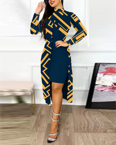 Women’s Two-Piece Set – Slim Fit Dress with High Neck – Long Sleeve Geometric Overlay
