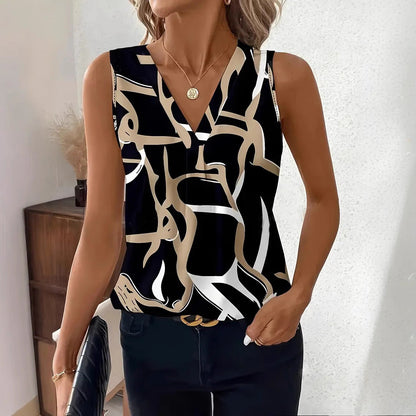 Women’s Sleeveless Top – V-Neck – Relaxed Fit – Abstract Print – Lightweight Fabric