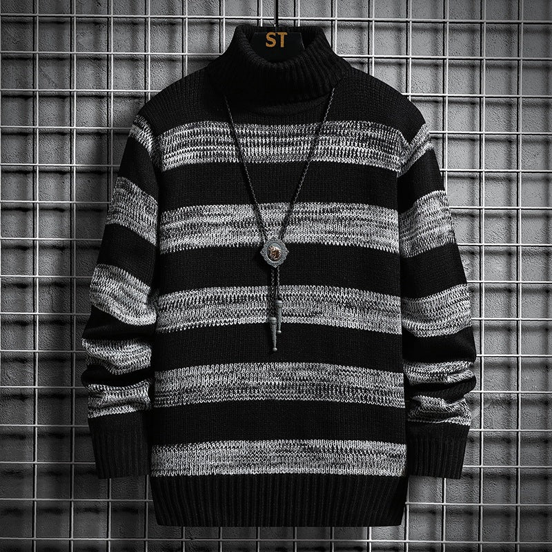 Men’s Turtleneck Sweater – Slim Fit – Wool Knit – Ribbed Cuffs – Striped Design