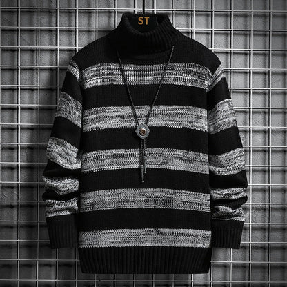 Men’s Turtleneck Sweater – Slim Fit – Wool Knit – Ribbed Cuffs – Striped Design