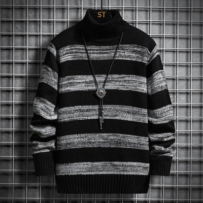Men’s Turtleneck Sweater – Slim Fit – Wool Knit – Ribbed Cuffs – Striped Design