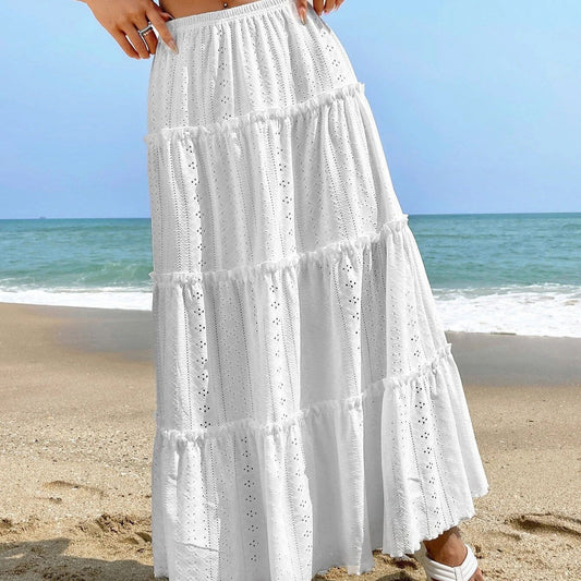 Women’s Midi Skirt – A-Line Fit – Tiered Eyelet Fabric – Elastic Waist – Lightweight