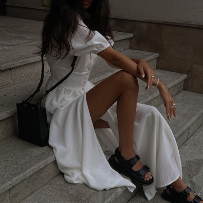Women's Maxi Dress - Puff Sleeve V-Neck - Front Side Slit