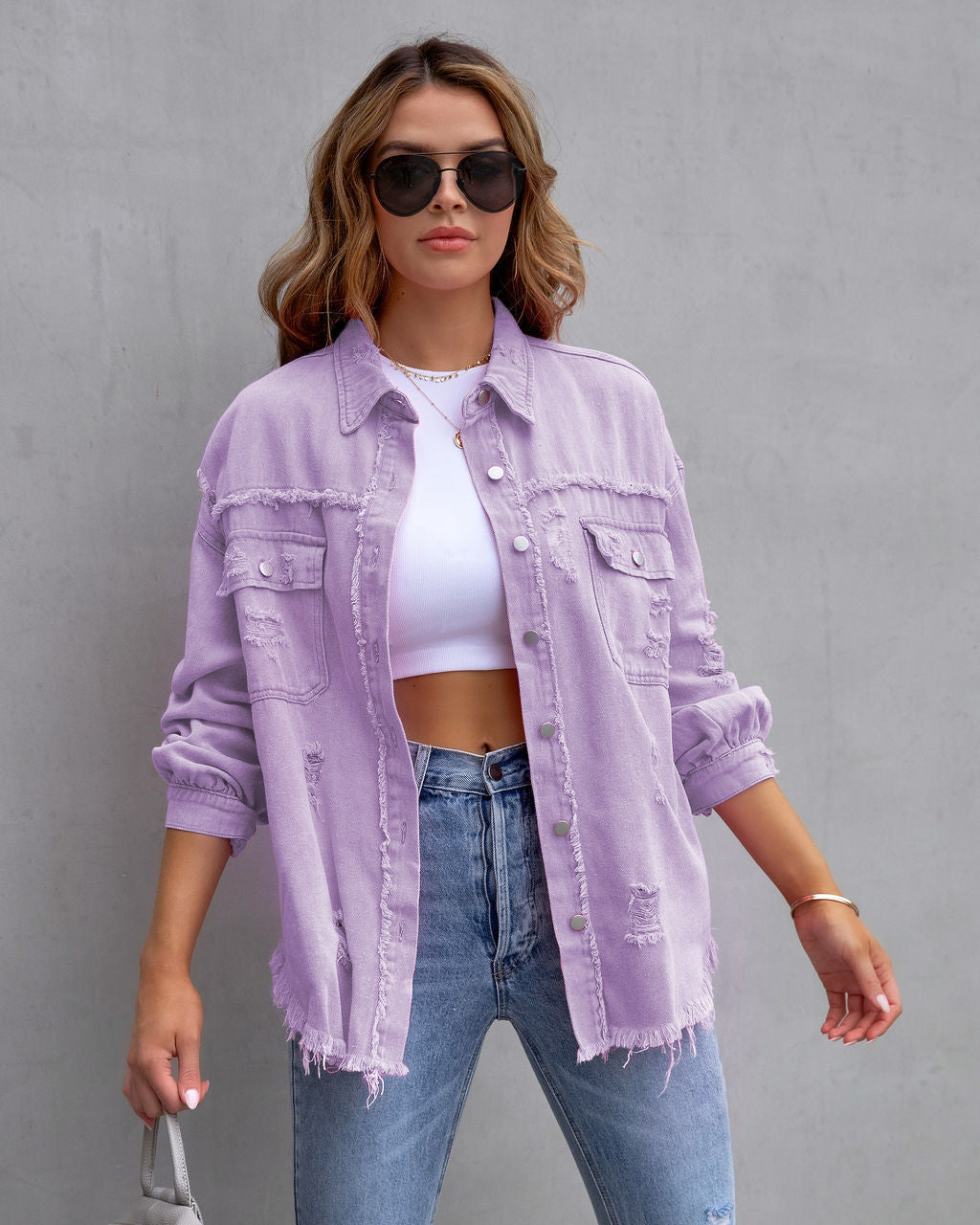 Women’s Denim Jacket – Oversized Fit – Distressed Mid Length – Casual Layering Piece