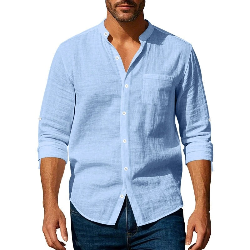 Men’s Long Sleeve Shirt – Relaxed Fit – Linen – Band Collar – Button Tab Sleeves