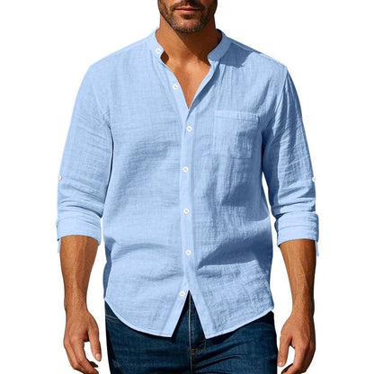 Men’s Long Sleeve Shirt – Relaxed Fit – Linen – Band Collar – Button Tab Sleeves