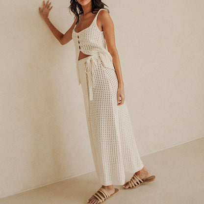 Women’s Two-Piece Knit Set – Cropped Sleeveless Top – Slit Maxi Skirt – Tie Waist