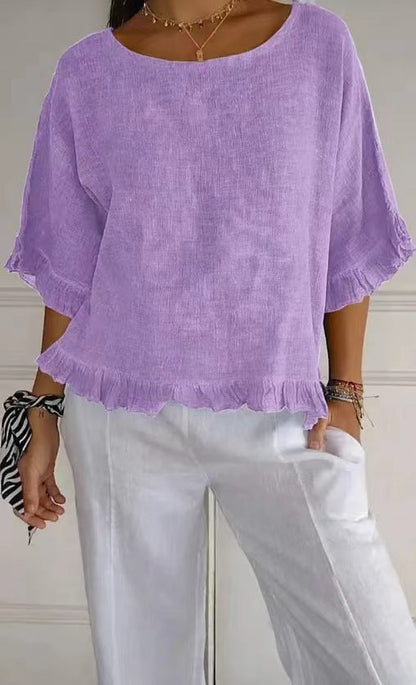 Women’s Blouse – Cotton Linen – Relaxed Fit – Short Sleeve – Ruffle Hem – Round Neck