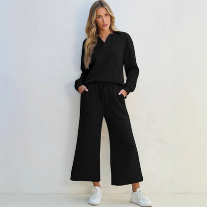Women’s Lounge Set – Knit Two-Piece – Relaxed Fit – V-Neck Top – Drawstring Waist