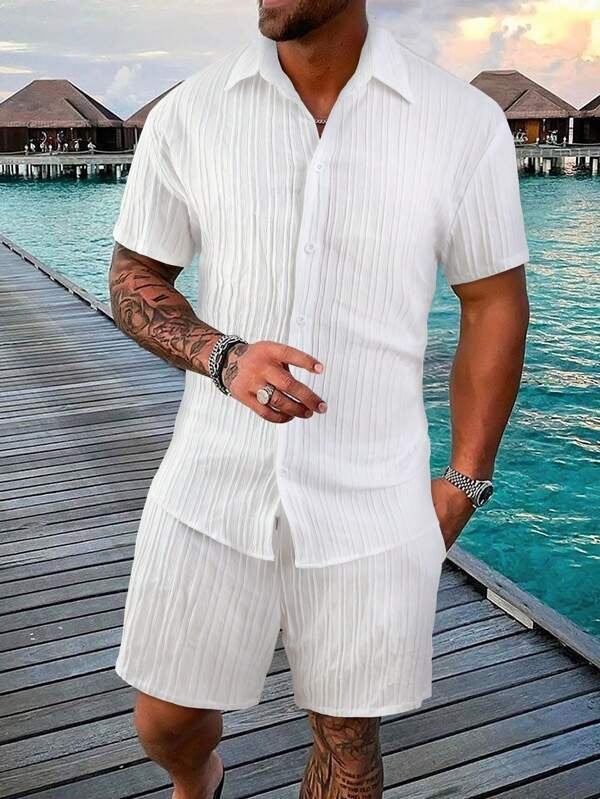 Men’s Shirt and Shorts Set – Relaxed Fit – Cotton Blend – Button Down – Short Sleeve