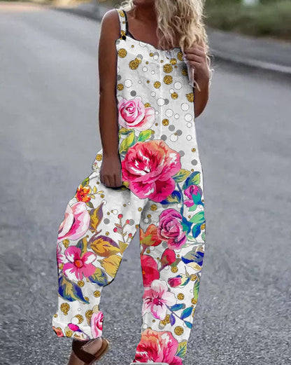 Women’s Jumpsuit – Artistic Floral Pattern – Relaxed Fit – Wide Leg – Adjustable Straps