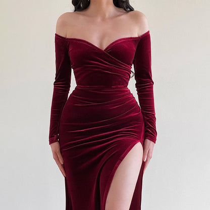 Women’s Long Dress – Velvet – Bodycon Fit – Off Shoulder – Crossover Bust – High Slit