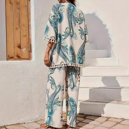 Women’s Kimono Set – Wide Leg Trousers – Tassel Hem – Paisley Print – Relaxed Fit