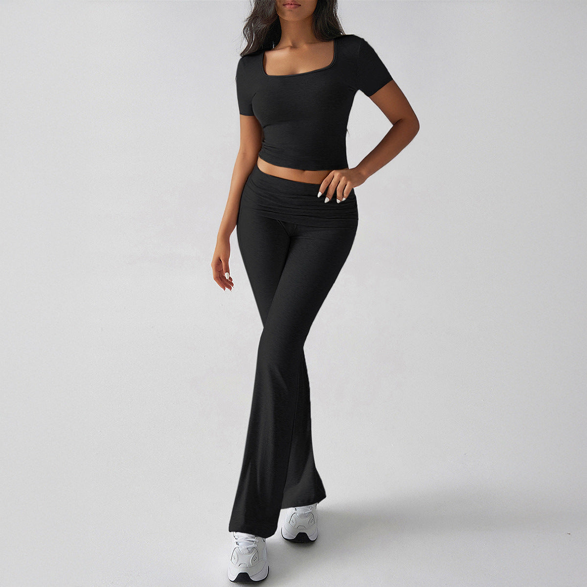 Women’s Two-Piece Set – Slim Fit Crop Top & Flared Trousers – Stretch Soft Fabric