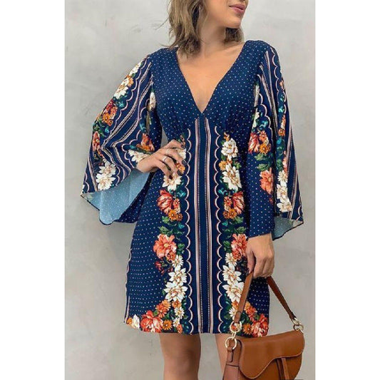 Women’s Mini Dress – Relaxed Fit – Cotton – Floral Print – Bell Sleeve – V-Neck