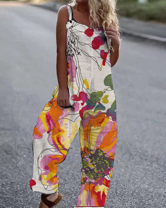 Women’s Jumpsuit – Artistic Floral Pattern – Relaxed Fit – Wide Leg – Adjustable Straps