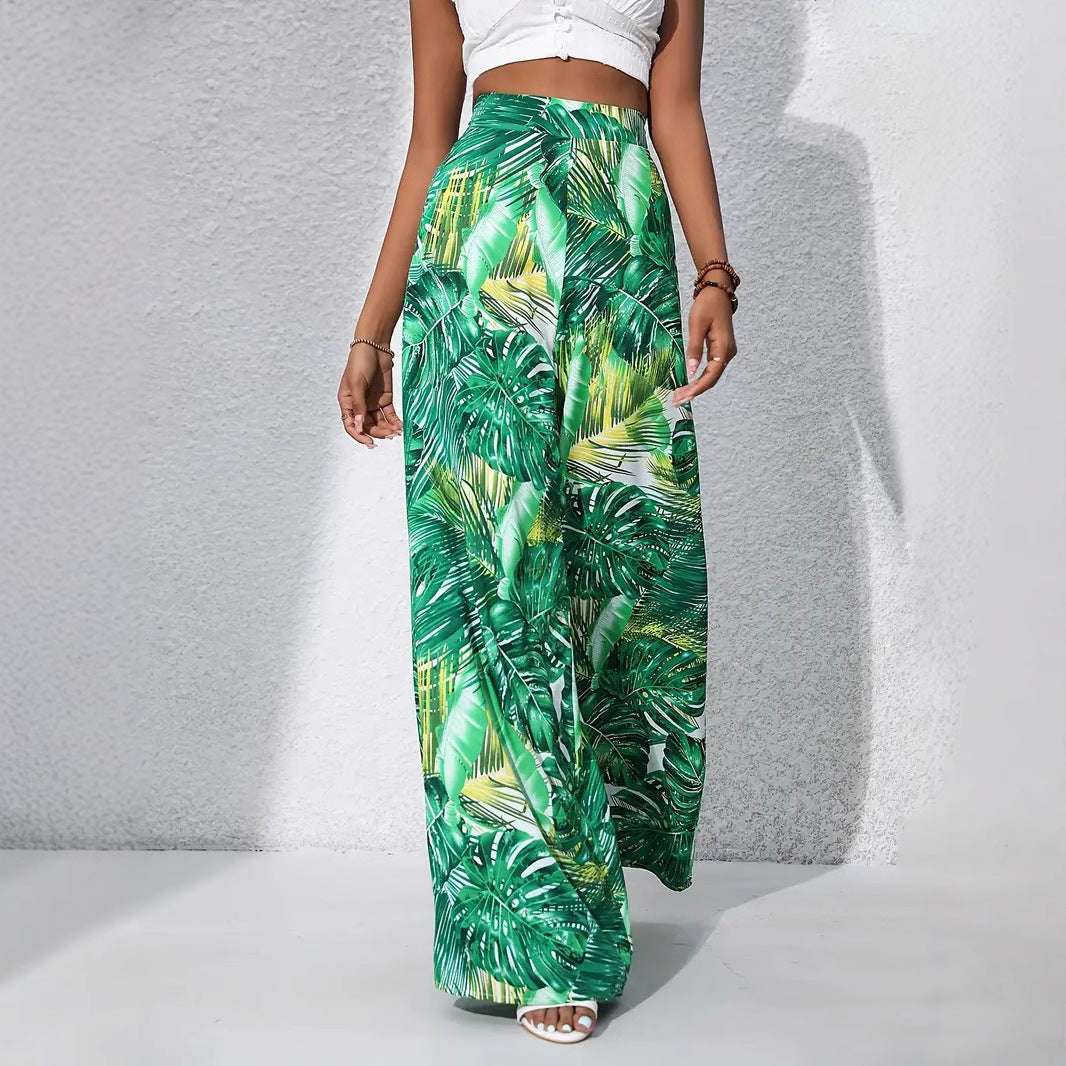 Women’s Wide-Leg Trousers – High Waist – Lightweight Fabric – Floral Print – Full Length