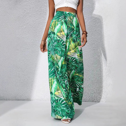 Women’s Wide-Leg Trousers – High Waist – Lightweight Fabric – Floral Print – Full Length