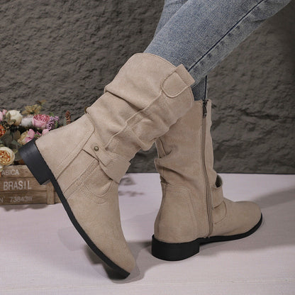 Women’s Mid-Calf Boots – Suede Finish – Block Heel – Side Zip – Slouched Fit