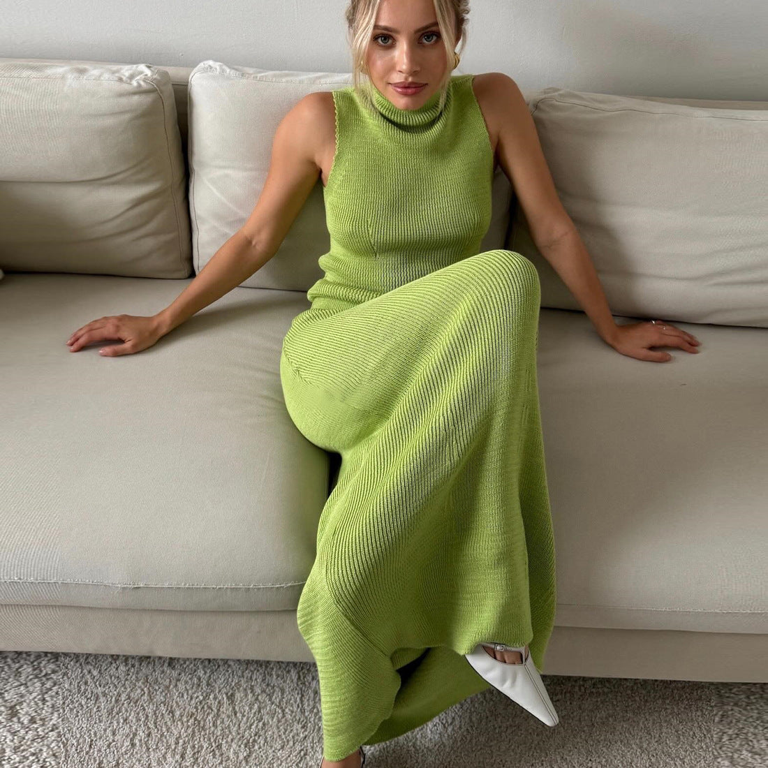 Women’s Two-Piece Knit Set – Sleeveless High Neck Top – Ribbed Slim Fit – Midi Skirt