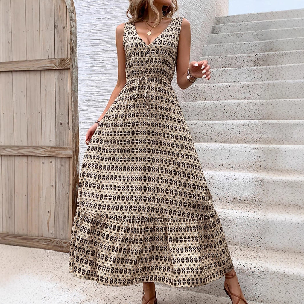 Women’s Midi Dress – Sleeveless – V-Neck – Bohemian Print – Tie Waist – Flowy Fit
