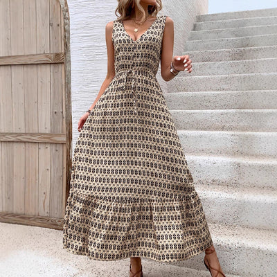 Women’s Midi Dress – Sleeveless – V-Neck – Bohemian Print – Tie Waist – Flowy Fit