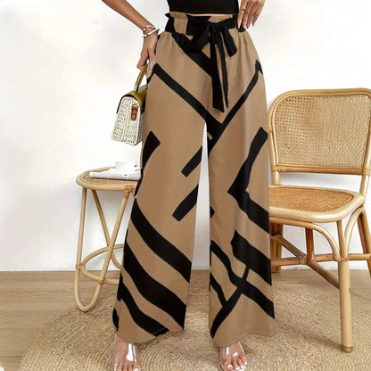 Women’s Wide-Leg Trousers – High Waist – Breathable Blend – Graphic Print – Belted Fit