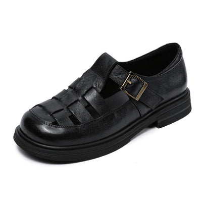 Women’s Roman Sandals – Genuine Leather – Cut-Out Straps – Flat Cushioned Sole
