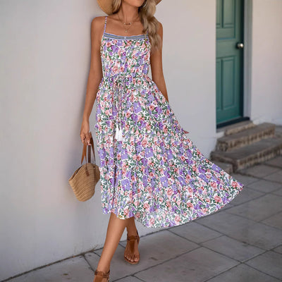 Women’s Midi Dress – Fit and Flare – Floral Print – Ruffle Hem – Drawstring Waist
