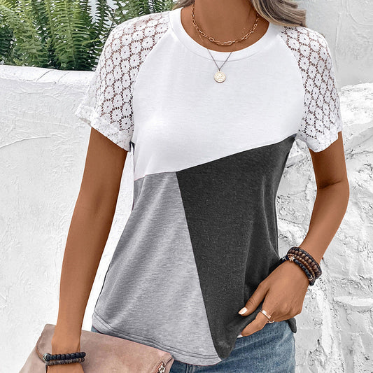 Women’s T-shirt – Relaxed Fit – Cotton Blend – Lace Sleeves – Geometric Front – Round Neck