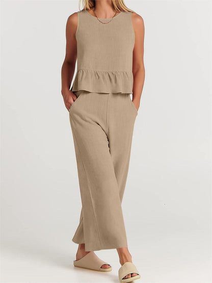 Women’s Peplum Top – Lightweight Cotton Blend – Relaxed Fit – Sleeveless Rounded Neckline