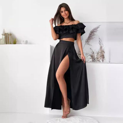 Women’s Two-Piece Set – Off-Shoulder Ruffle Crop Top – High-Waist Slit Maxi Skirt