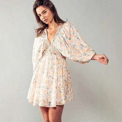 Women’s Mini Dress – A-Line Fit – V-Neck – Ruching Waist – Bell Sleeve – Floral Print