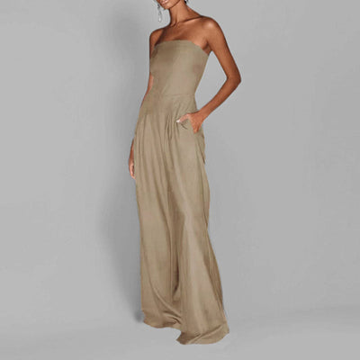 Women’s Strapless Jumpsuit – Satin Feel – Tailored Bodice – Wide Leg Elegant Fit
