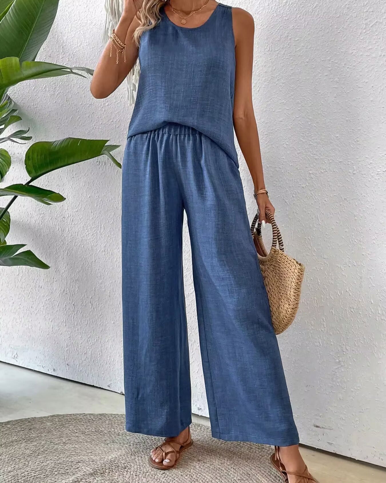 Women’s Summer Set – Sleeveless Crochet Top & Flowy Wide-Leg Pants – Casual Two-Piece Outfit