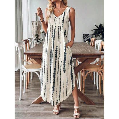 Women’s Maxi Dress – Relaxed Fit – Sleeveless – V-Neck – Striped Cotton – Flowy Silhouette