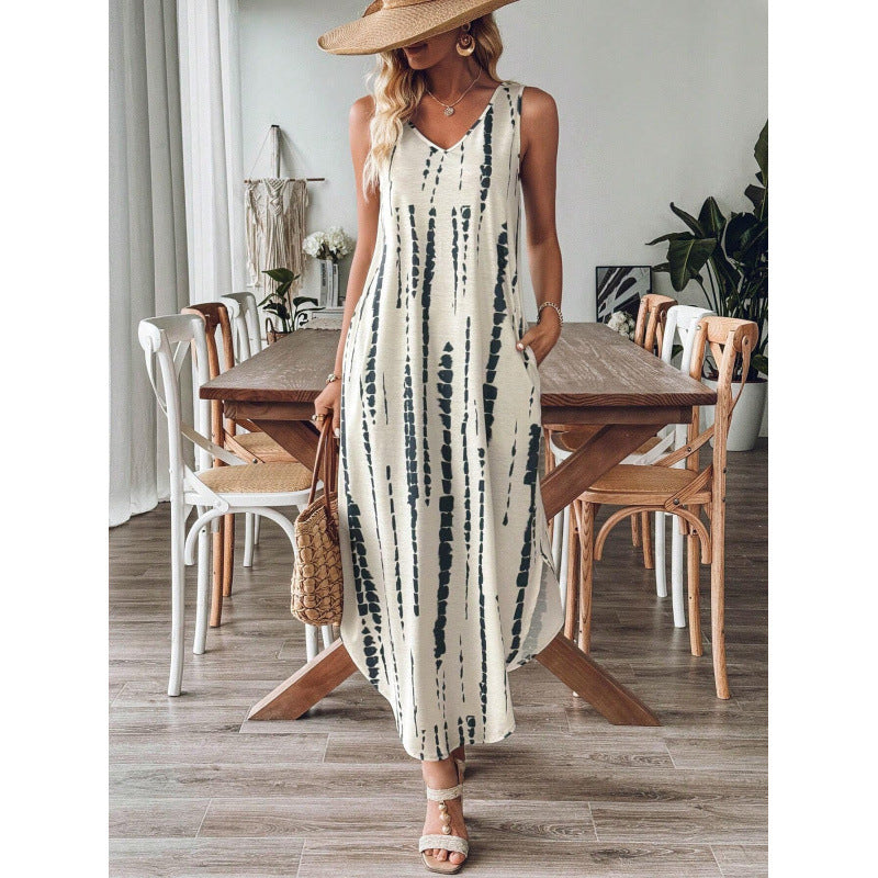 Women’s Maxi Dress – Relaxed Fit – Sleeveless – V-Neck – Striped Cotton – Flowy Silhouette