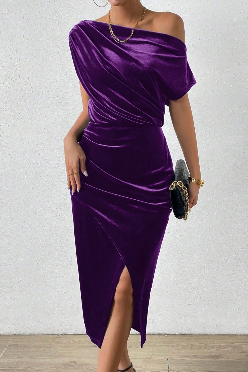 Women’s One-Shoulder Midi Dress – Velvet Ruched Fit – Front Slit Evening Wear