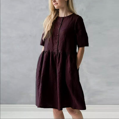 Women’s Midi Dress – Cotton Linen Blend – Relaxed Fit – Short Sleeve – Button Front with Pockets