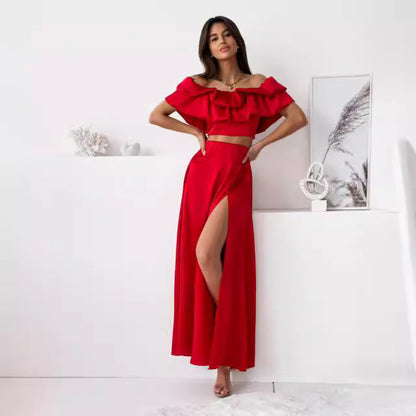 Women’s Two-Piece Set – Off-Shoulder Ruffle Crop Top – High-Waist Slit Maxi Skirt