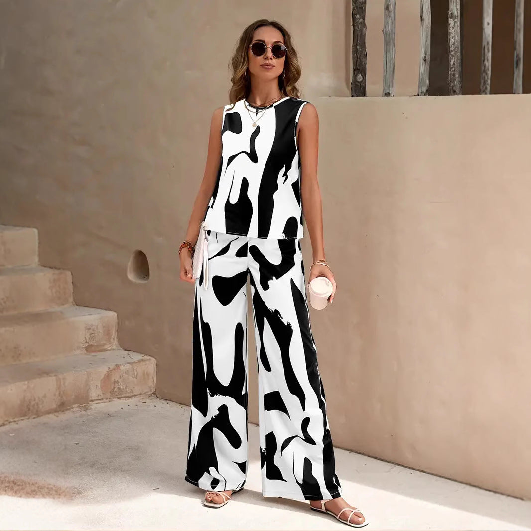 Women’s 2-Piece Set – Sleeveless Top & Wide-Leg Trousers – Relaxed Fit – Breathable Blend