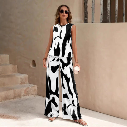 Women’s 2-Piece Set – Sleeveless Top & Wide-Leg Trousers – Relaxed Fit – Breathable Blend