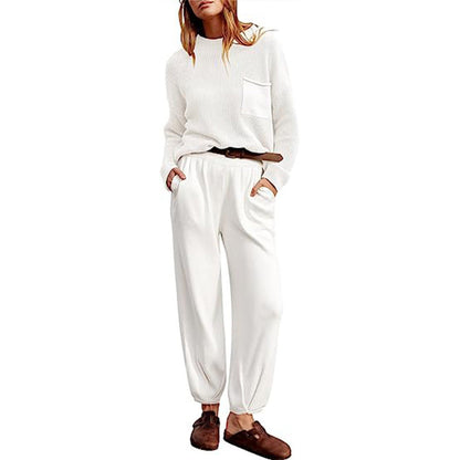 Women’s Two-Piece Set – Knitted Long Sleeve Top – Elastic Waist Jogger Trousers – Relaxed Fit