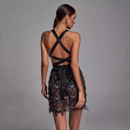 Women’s Midi Dress – Fitted Silhouette – Sequin Tassel Detail – Plunging V-Neck