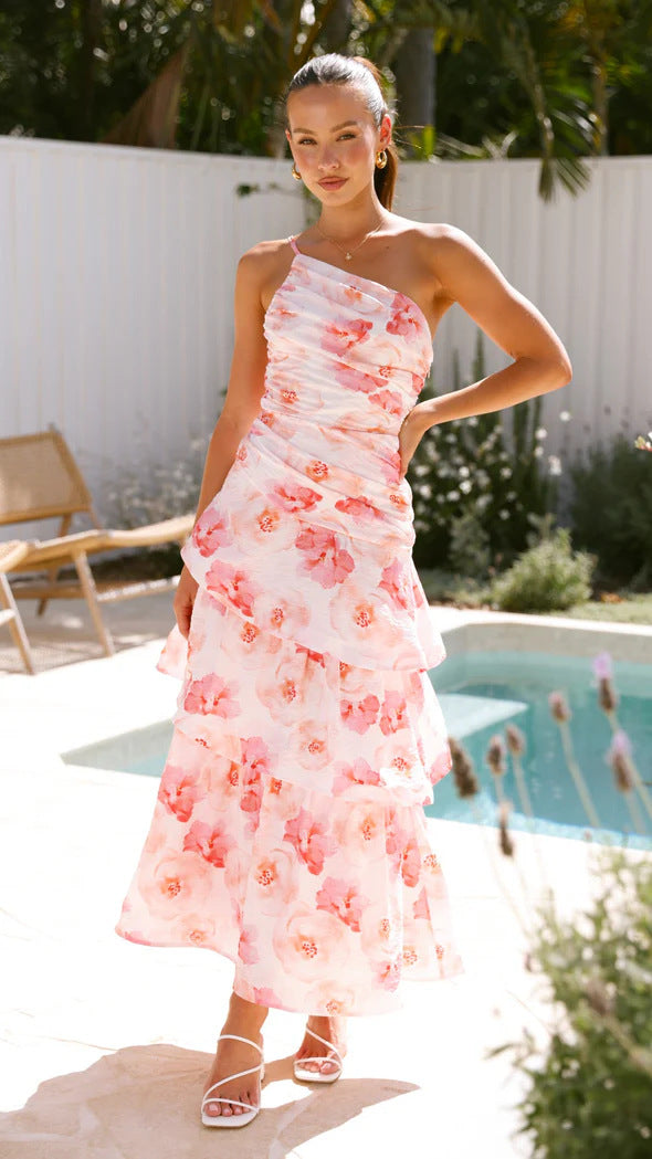 Women’s Maxi Dress – One-Shoulder – Ruched Bodice – Tiered A-Line – Abstract Print