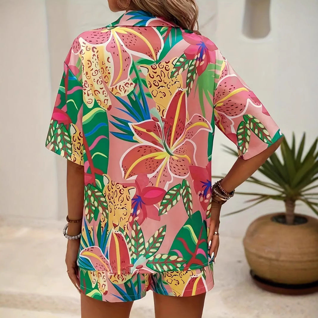 Women’s Shirt and Shorts Set – Relaxed Fit – Breathable Fabric – Tropical Print