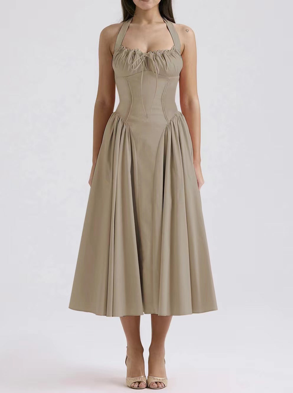 Women’s Halter Neck Dress – Slim Fit – Backless – Gathered Bodice – Flared Midi Skirt