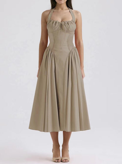 Women’s Halter Neck Dress – Slim Fit – Backless – Gathered Bodice – Flared Midi Skirt