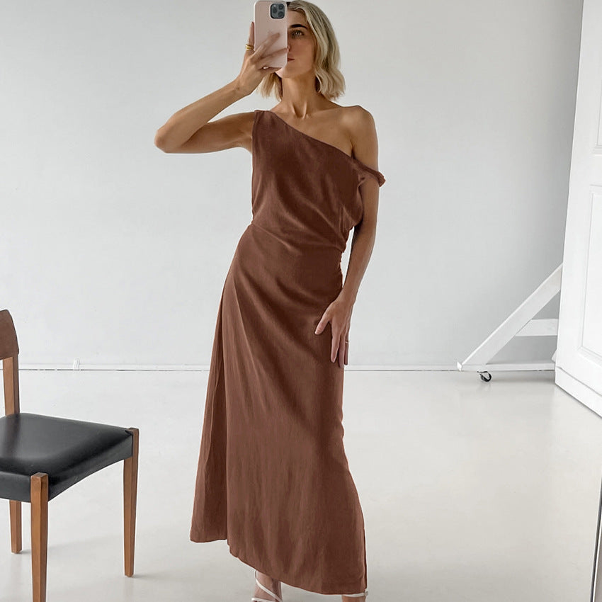Women’s One-Shoulder Dress – Cotton Linen Blend – Slim Fit – Full Length – Formal Wear